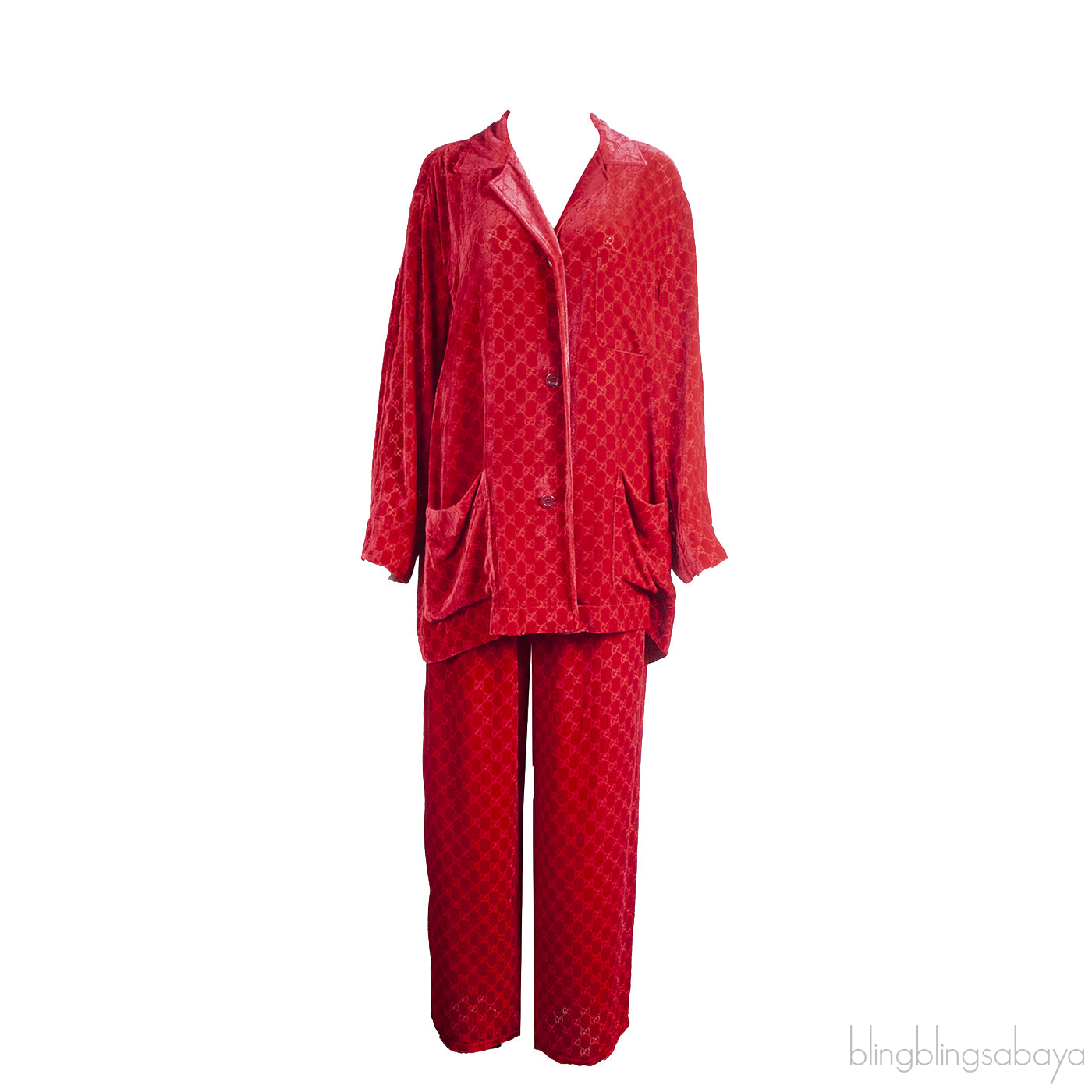 Gucci Red GG Devore Velvet Shirt & Wide Leg Trouser