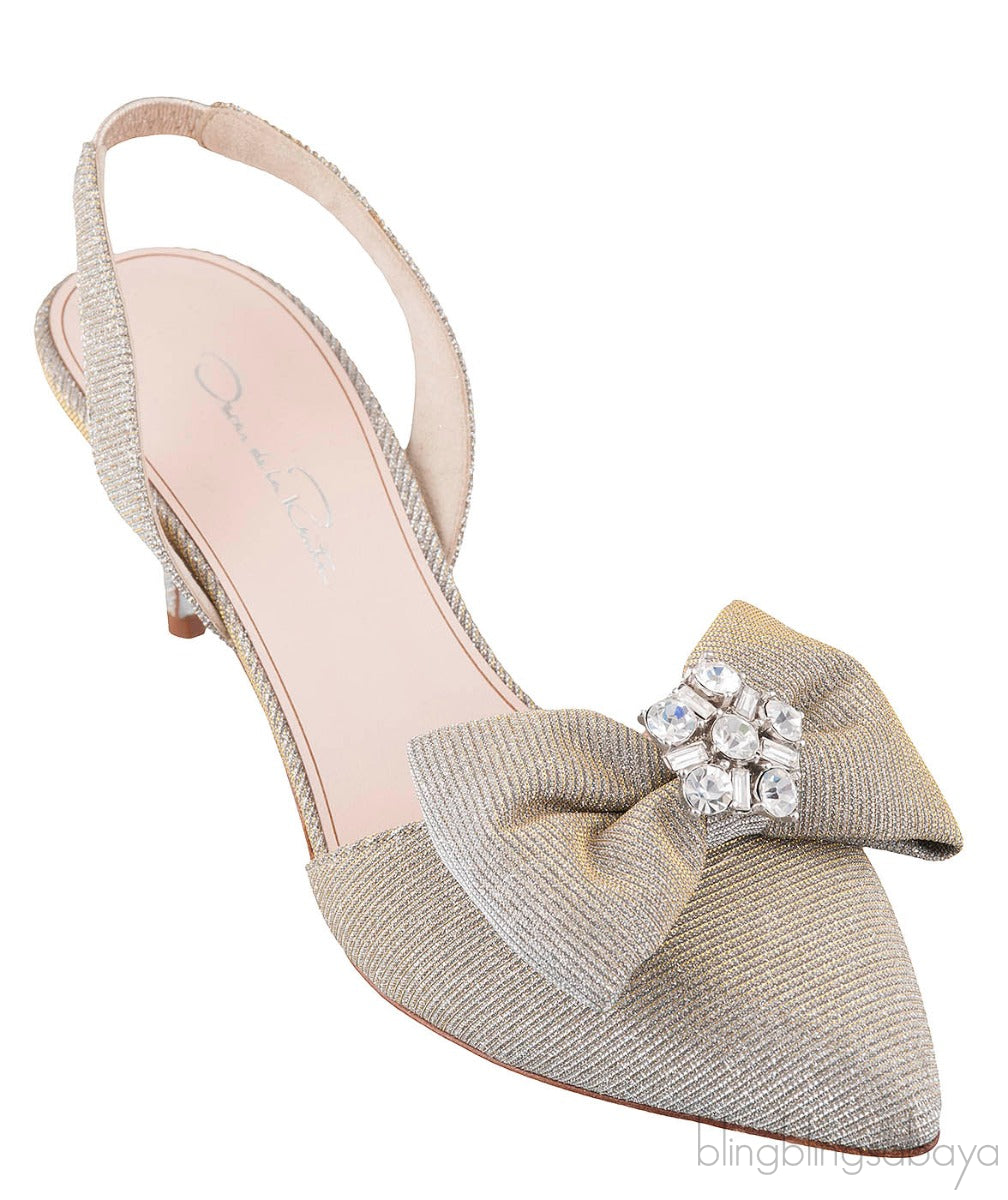 Oscar dela Renta Silver Gold Bow Slingback Heels
