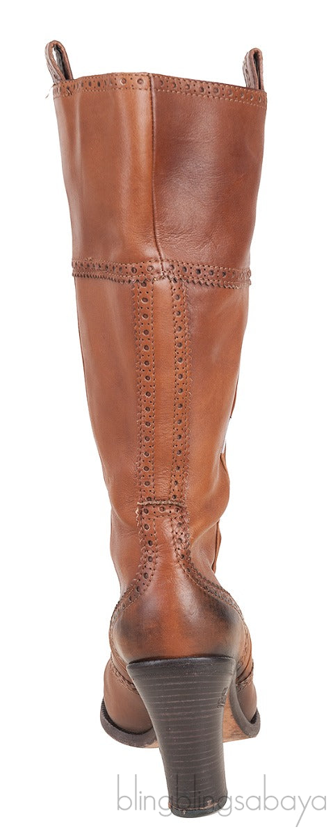 Brown Brogue Perforated High Boots