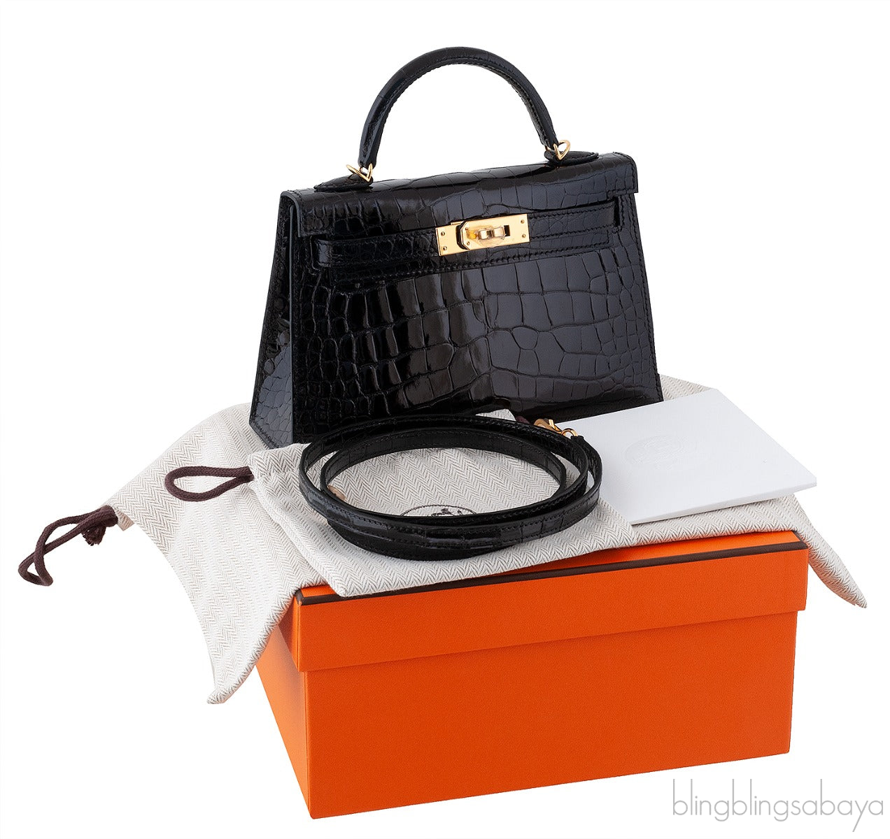 Kelly 20 Black Mini Sellier Crocodile Lisse GHW