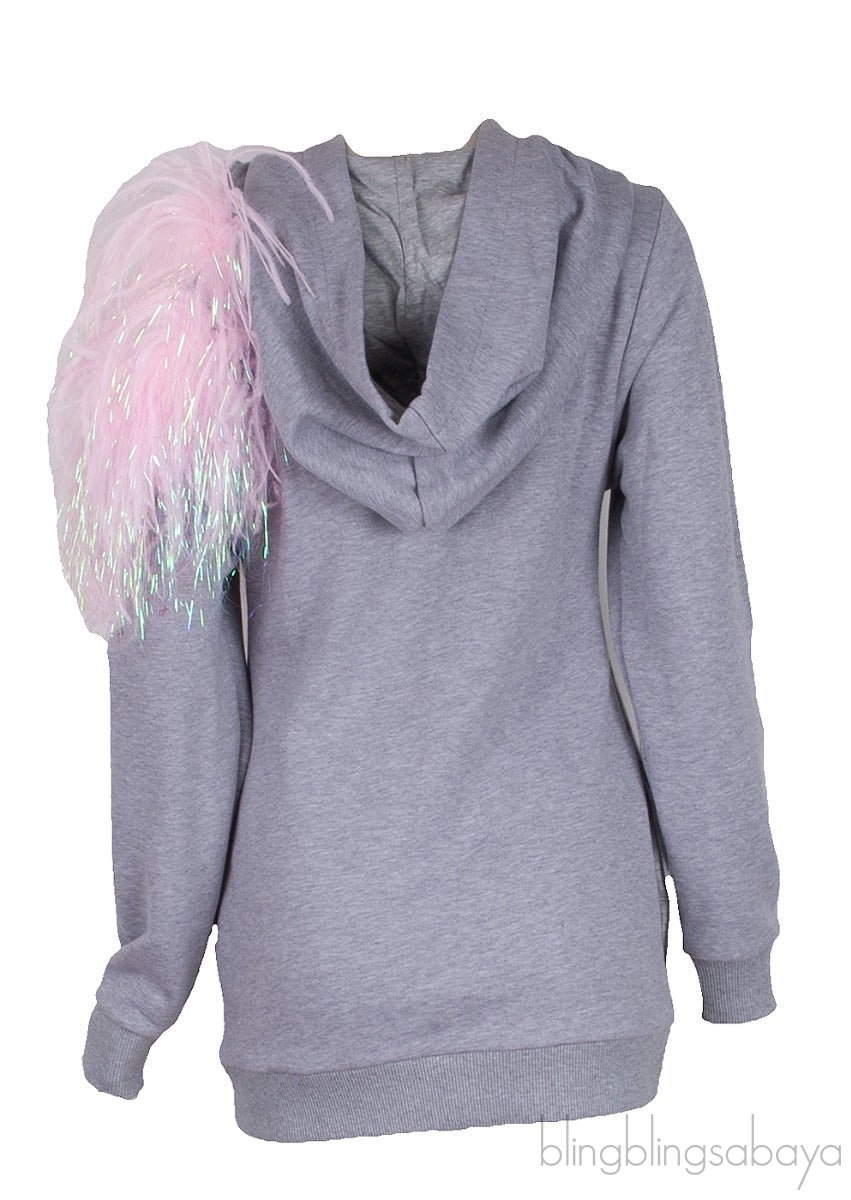 Grey Pom Pom Cut-out Hoodie