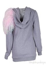 Grey Pom Pom Cut-out Hoodie