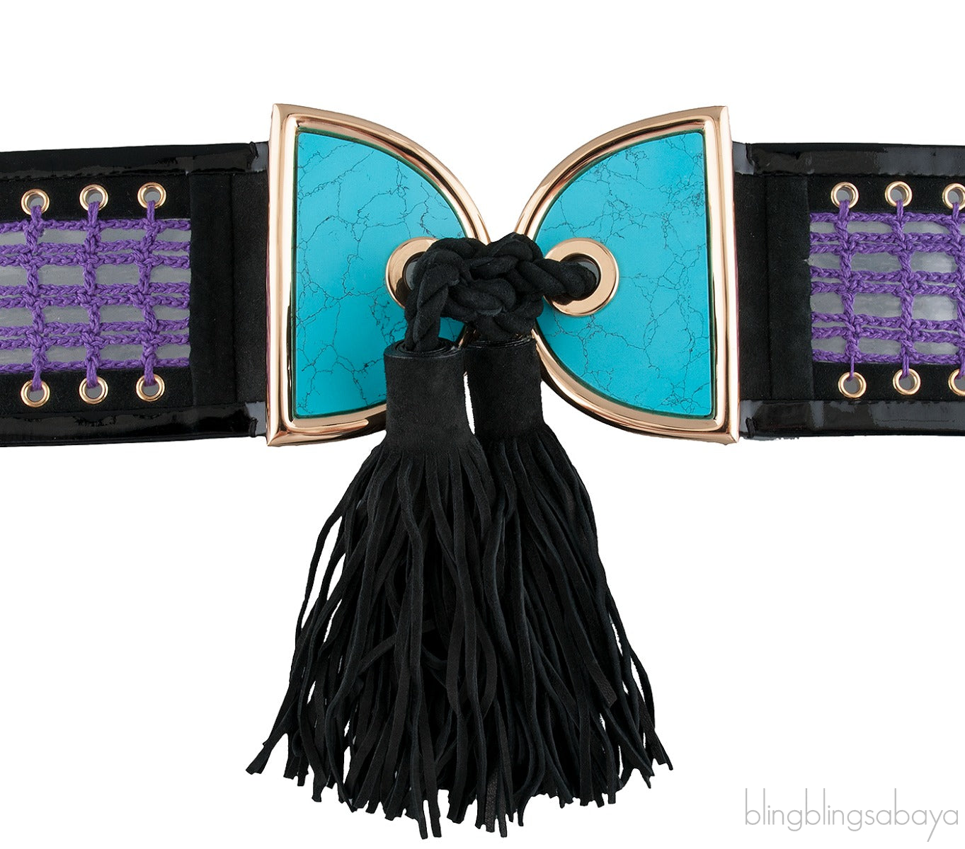 Turquoise Embellished Crochet & Suede Belt