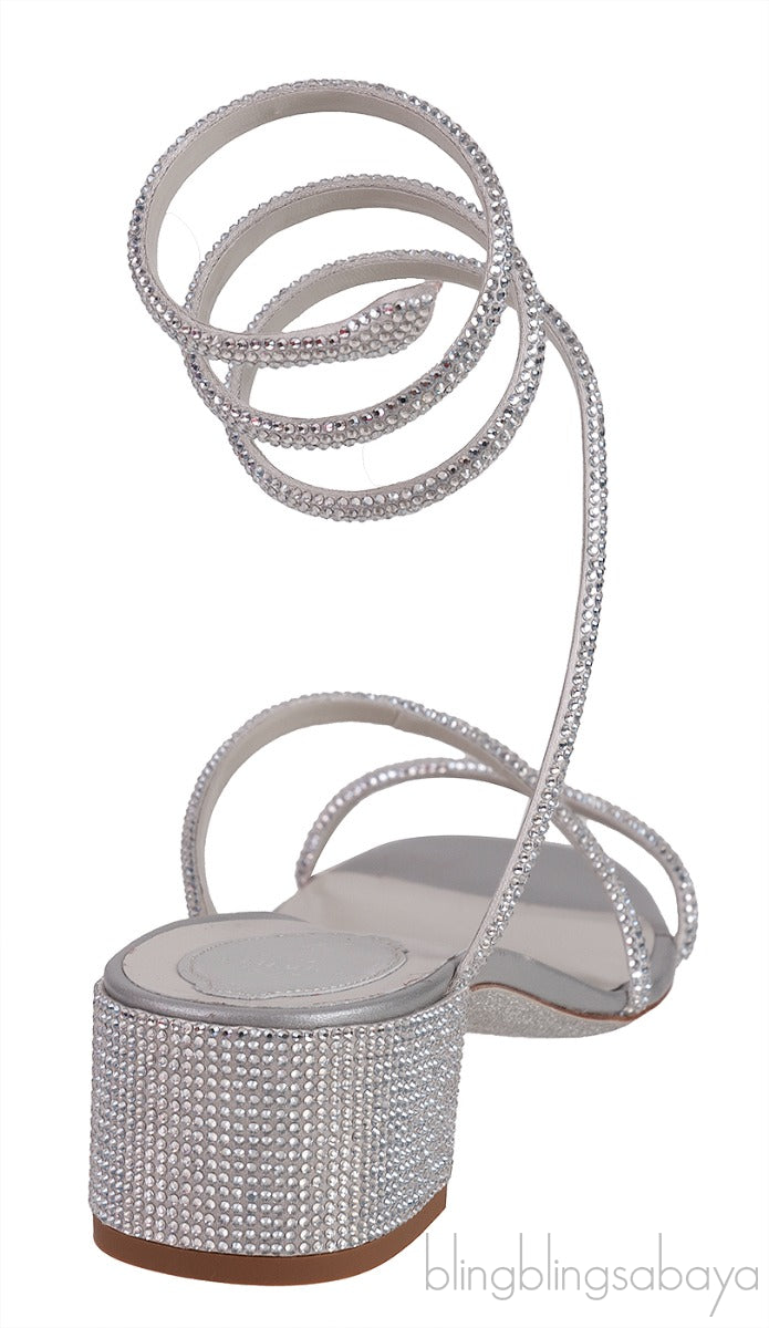 Silver Crystal Embellished Mid-Heel Sandals
