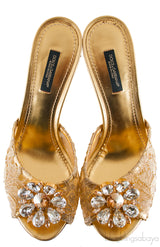 Gold Lace Crystal Vamp Slip-on Sandals