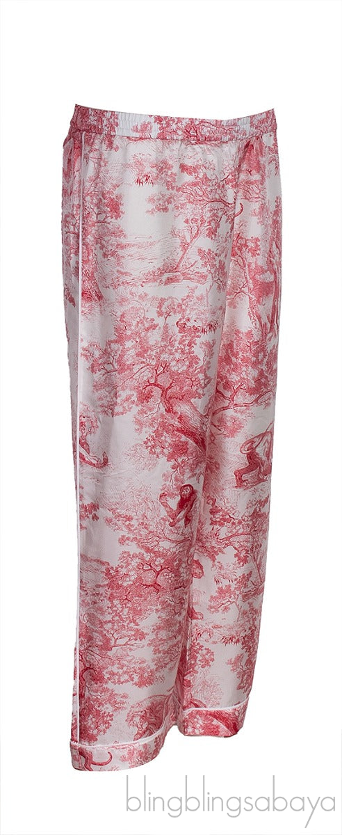 Dior Red Toile De Jouy Motif Silk Printed Trouser