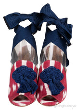 Printed Canvas Blue Tassel Wrap Around Heels