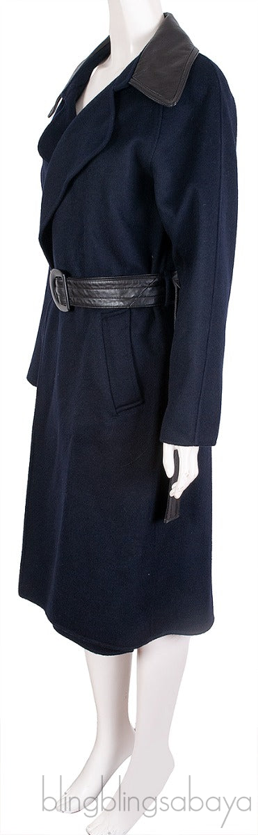 Blue Wool Leather Trim Trench Coat w/ Belt