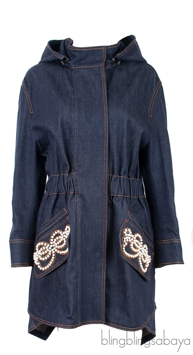 Faux Pearl Embellished Denim Coat