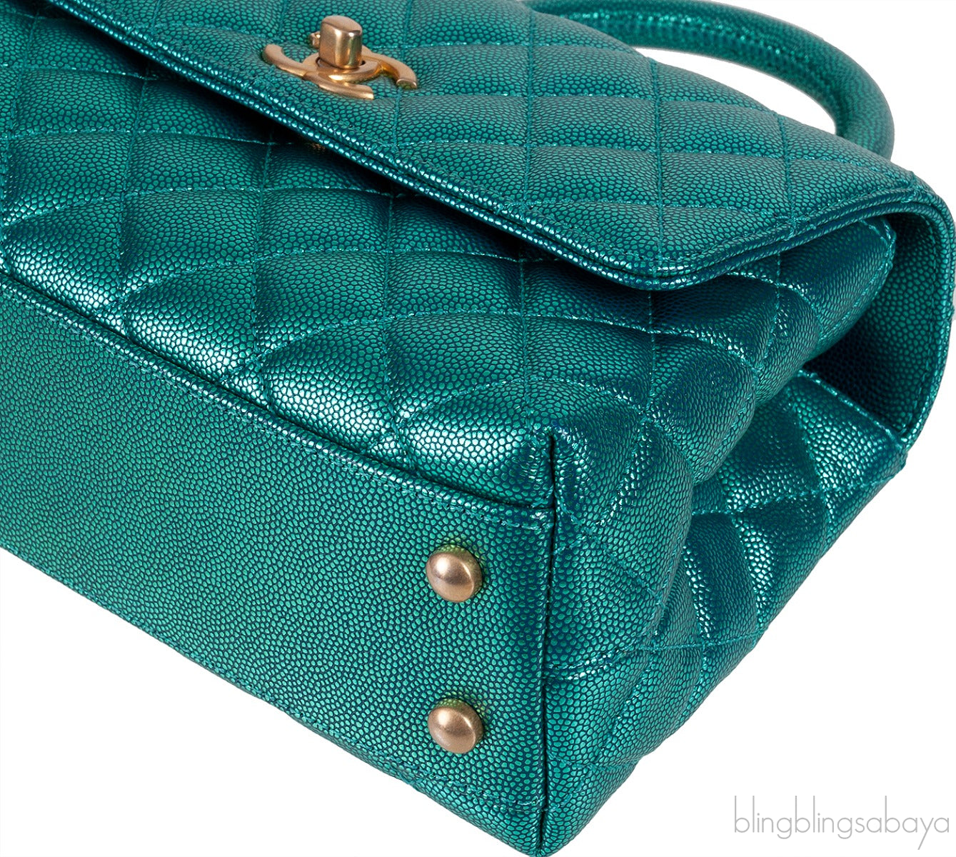 Metallic Green Quilted Caviar Leather Small Coco Top Handle Bag