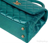 Metallic Green Quilted Caviar Leather Small Coco Top Handle Bag