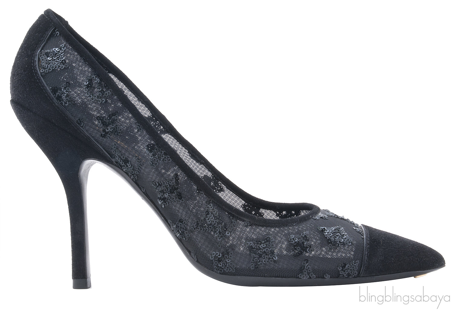 Black Mesh Monogram Sequin Heels