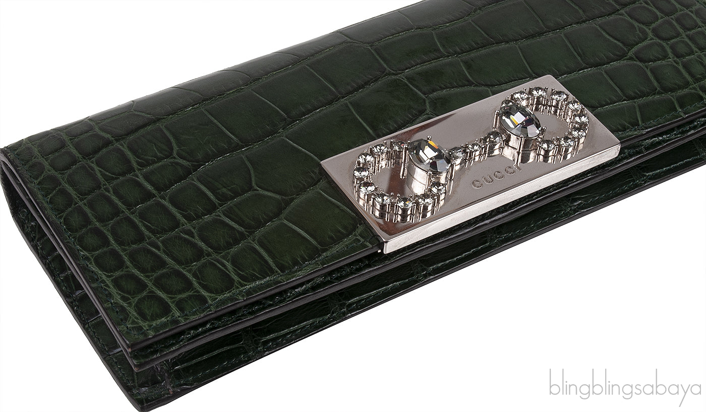 Crystal Embellished Horsebit Green Crocodile Mini Clutch