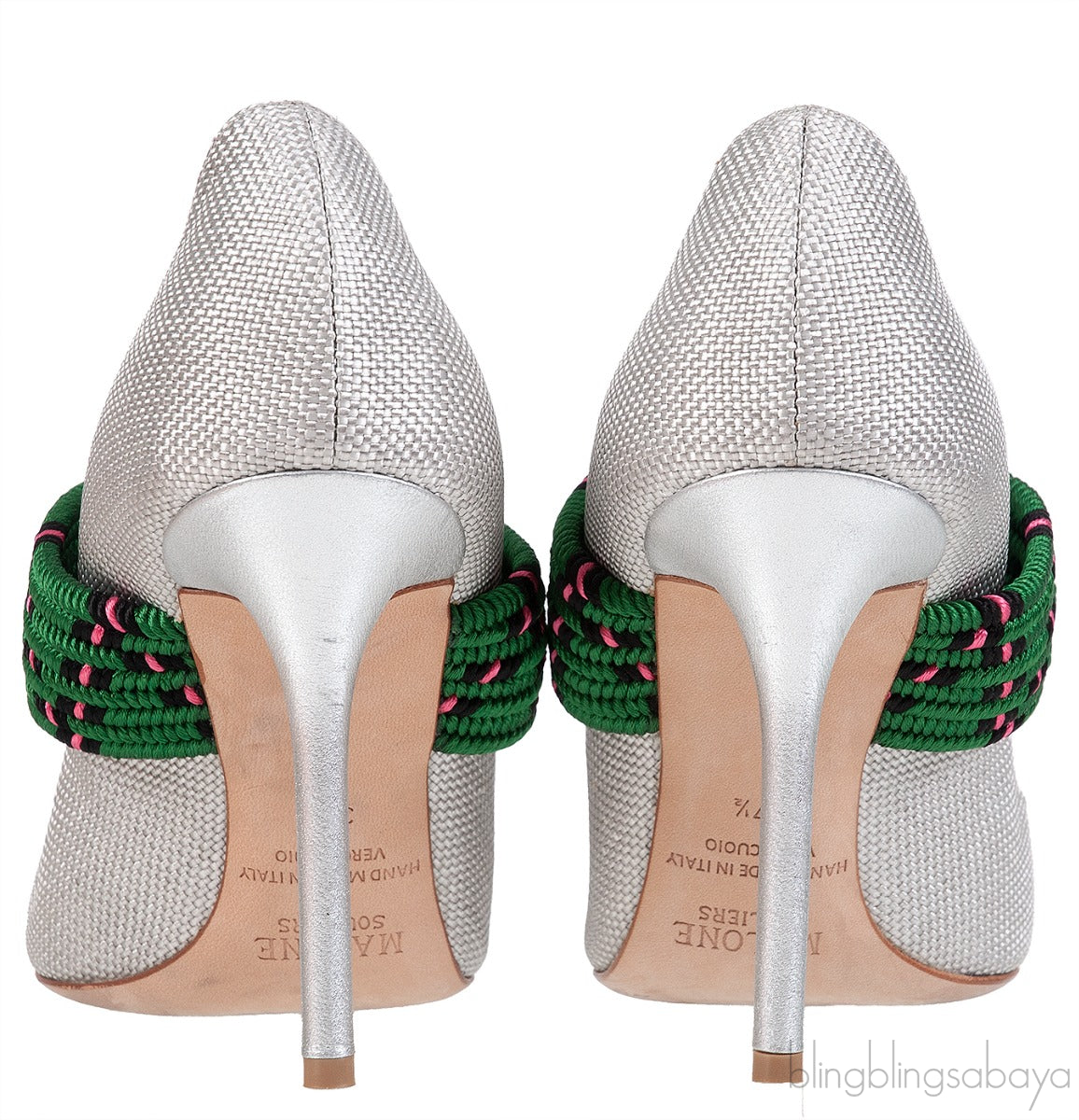 Silver Raffia & Green Fabric Heels