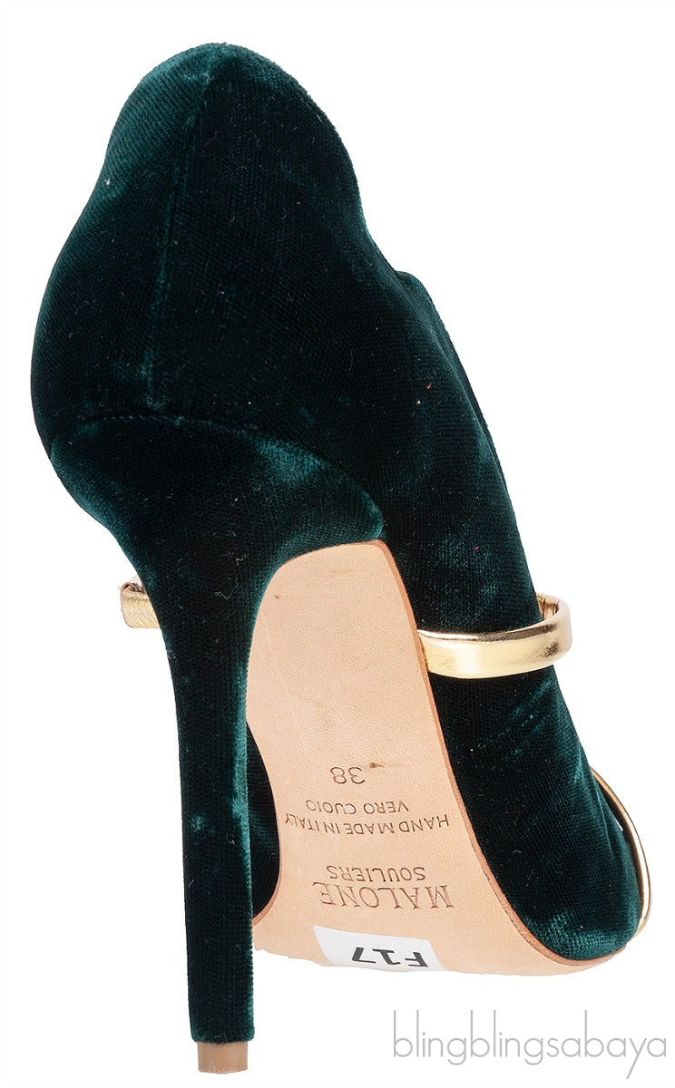 Maureen Emerald Velvet Gold Leather Trimmed Heels