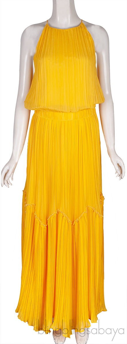 Yellow Pleats Please Tiered Maxi Dress