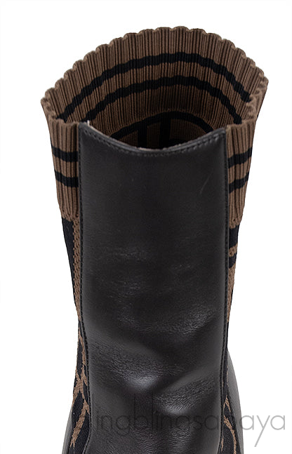 FF Brown Monogram Zucca Logo Print Kitten Boots