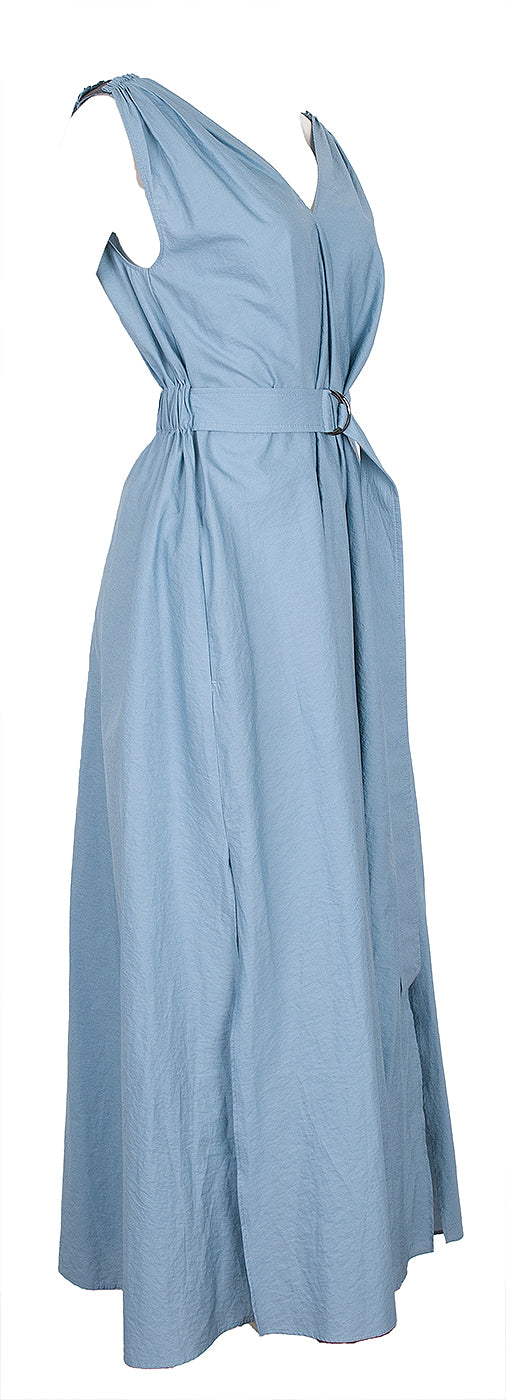 Blue Poplin Monili Shoulder Belted Midi Dress
