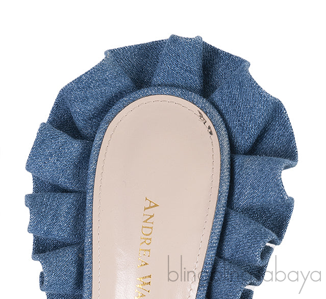 Andrea Wazen Blue Denim Rouches 105 Ruffled Mule Sandals