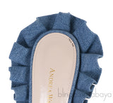Andrea Wazen Blue Denim Rouches 105 Ruffled Mule Sandals