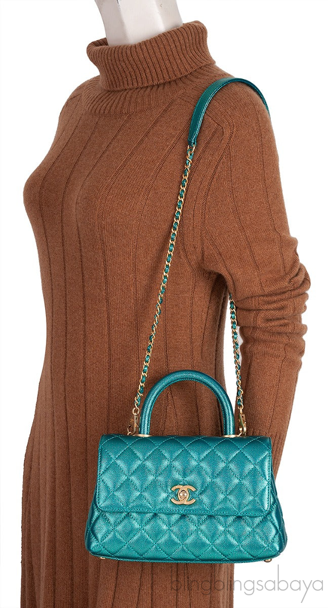 Metallic Green Quilted Caviar Leather Small Coco Top Handle Bag