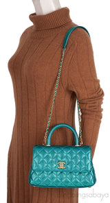 Metallic Green Quilted Caviar Leather Small Coco Top Handle Bag