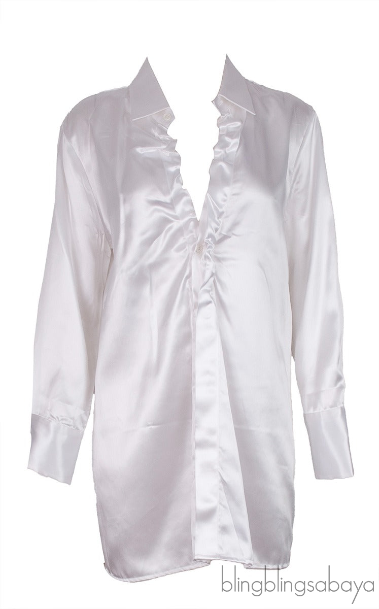 Pearl White Silk Satin Long Sleeve Shirt