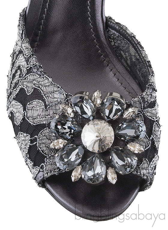 Grey Lace Crystal Vamp Slip-on Sandals