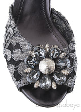 Grey Lace Crystal Vamp Slip-on Sandals