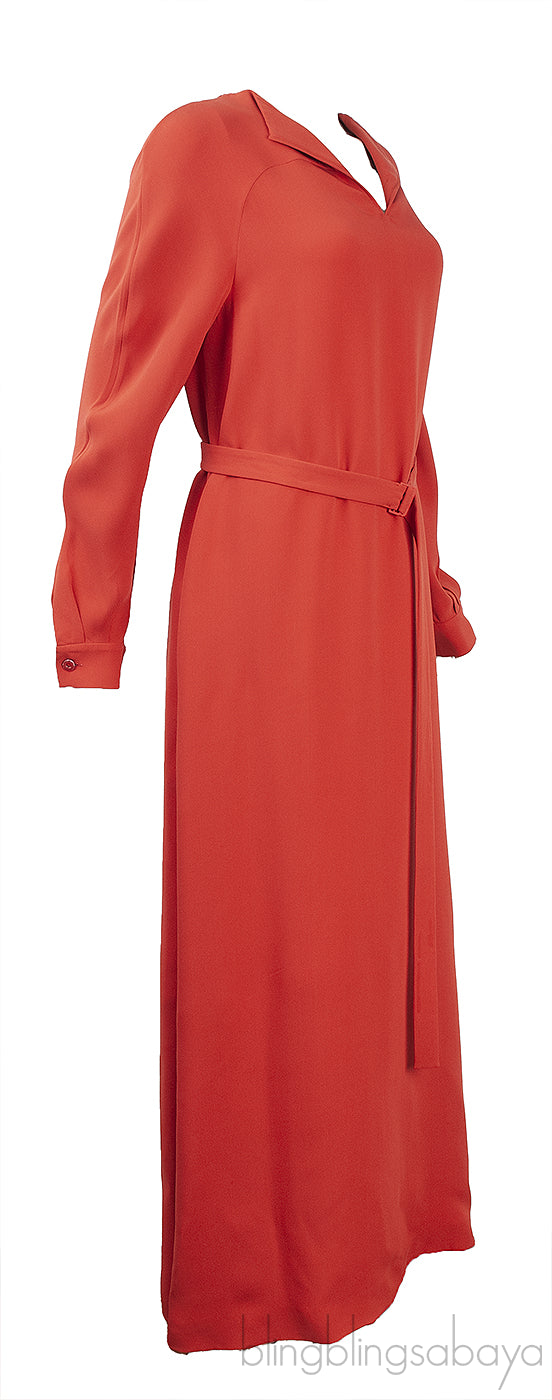 Rust Orange V-neck Belted Maxi Dress