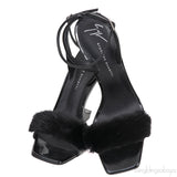 Black Picard Wedge Fur Slingback Sandals