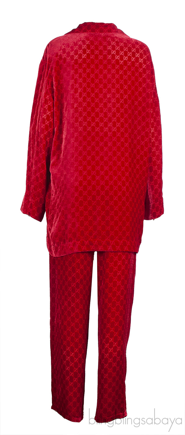 Gucci Red GG Devore Velvet Shirt & Wide Leg Trouser