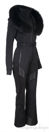 Mackage Black Elle Hooded Belted Shearling-trimmed Padded Ski Suit