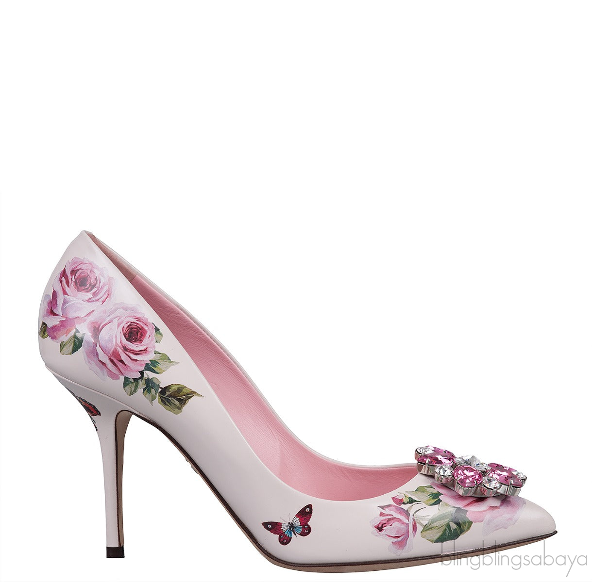 Jeweled Floral Print Leather Heels