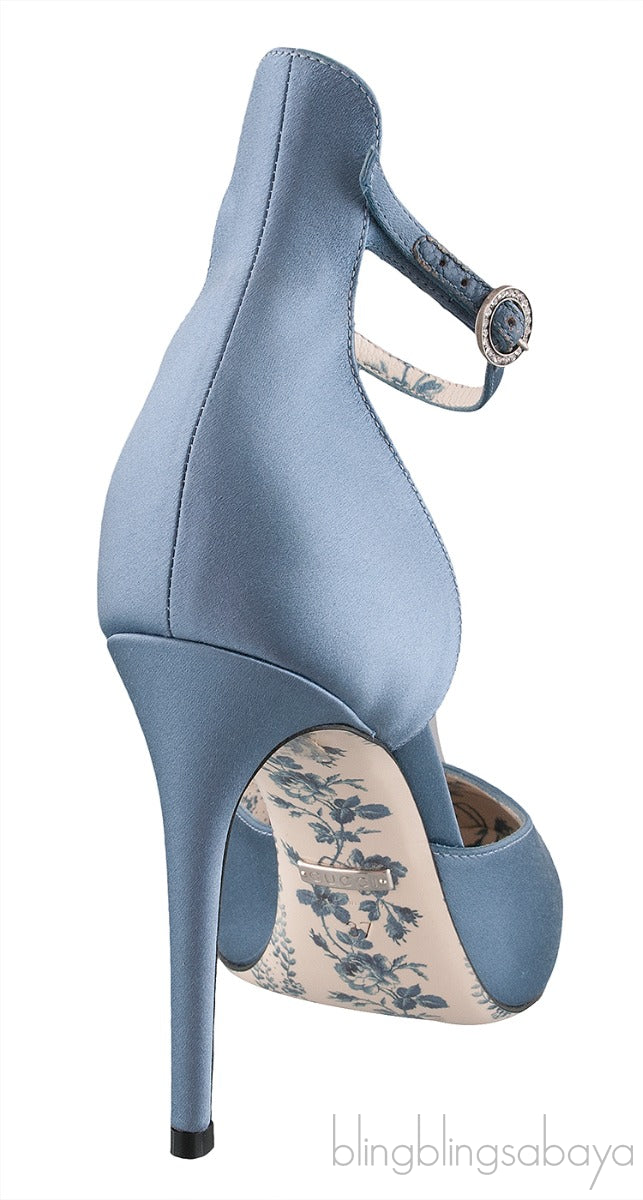 Gucci Blue Grey Satin Daisy 105 Slingback Heels