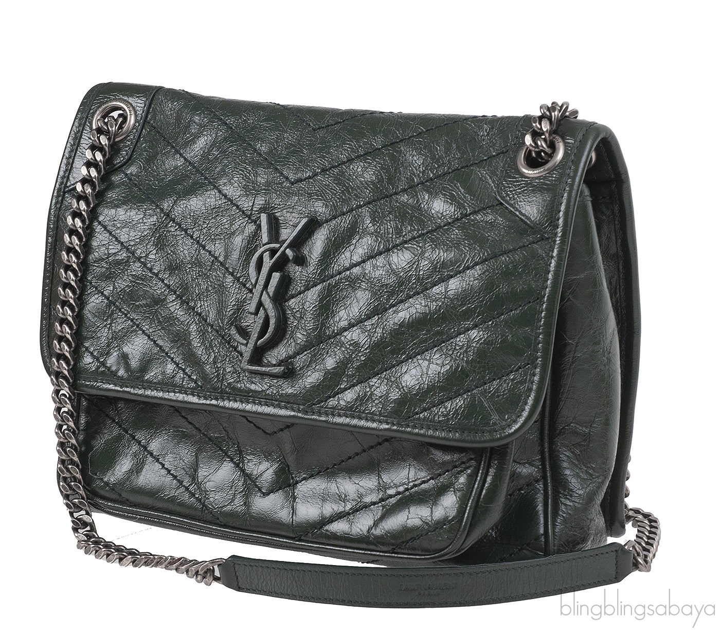 Yves Saint Laurent  Nikki Forest Green Medium Crinkled Leather Shoulder Bag