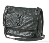 Yves Saint Laurent  Nikki Forest Green Medium Crinkled Leather Shoulder Bag