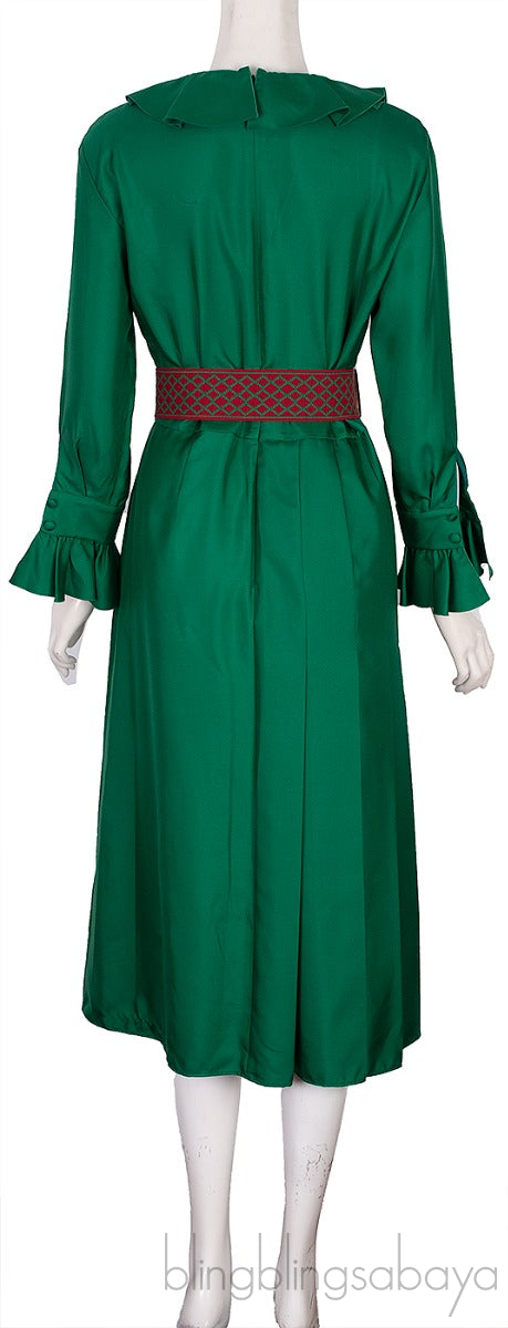 Emerald Green Ruffle Belted Midi Dress