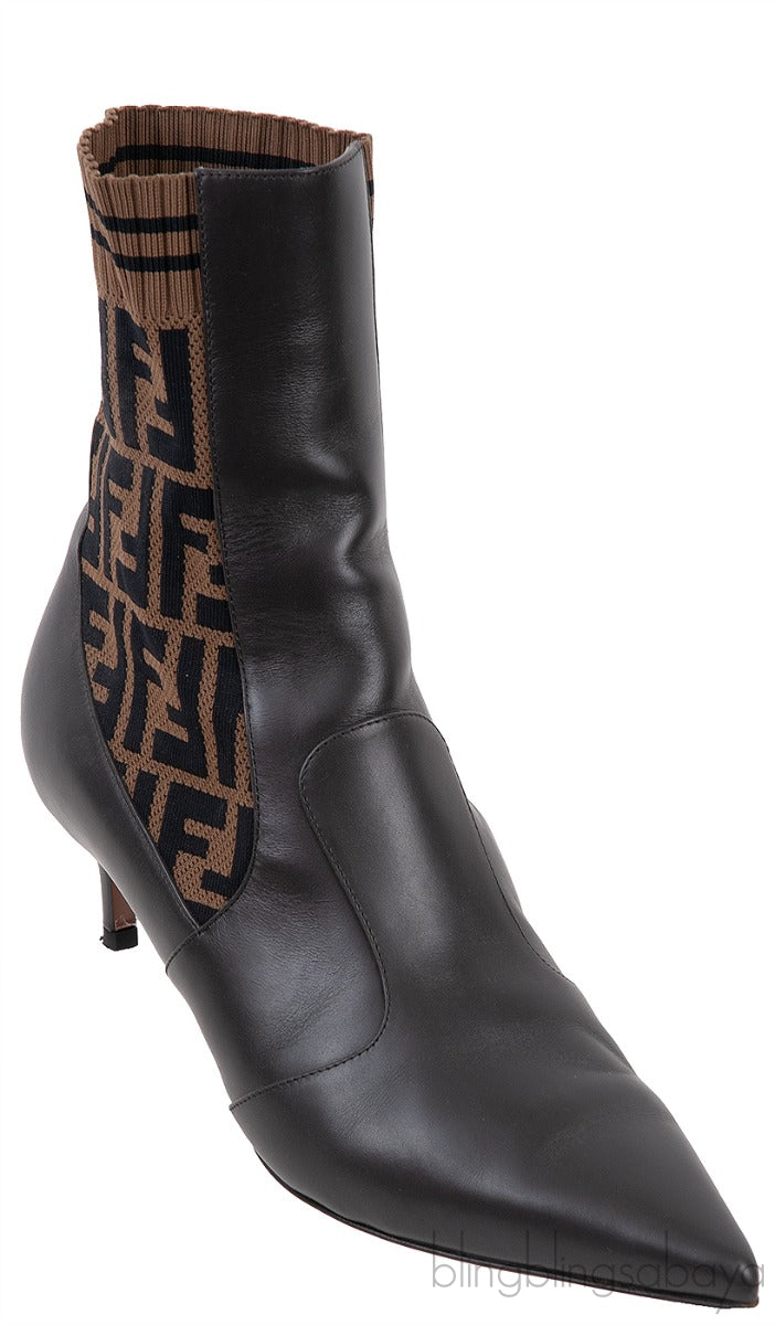 FF Brown Monogram Zucca Logo Print Kitten Boots