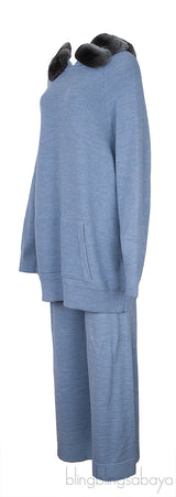 Blue Chinchillia Fur Lined Wool Hoodie and Pants