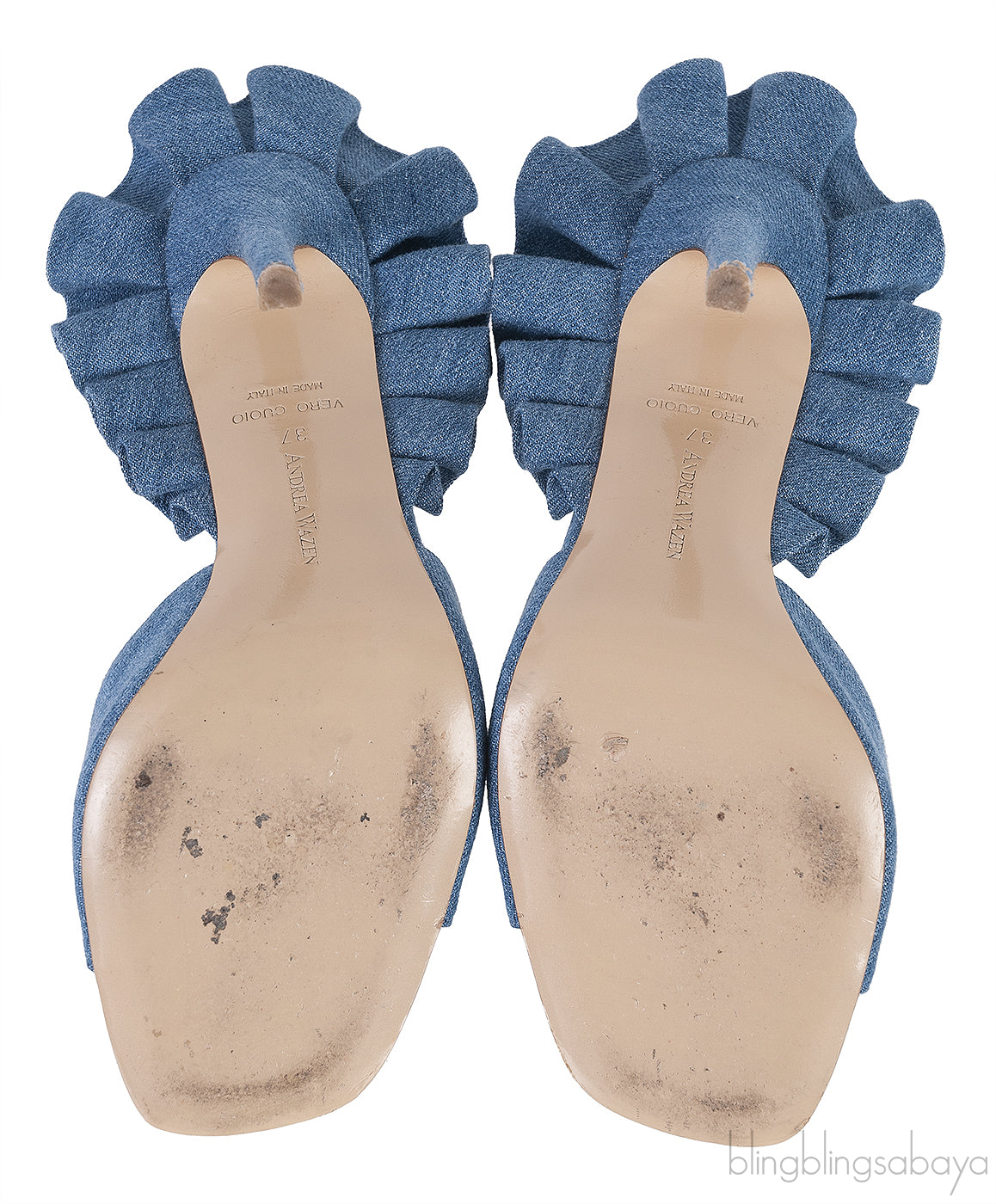 Andrea Wazen Blue Denim Rouches 105 Ruffled Mule Sandals