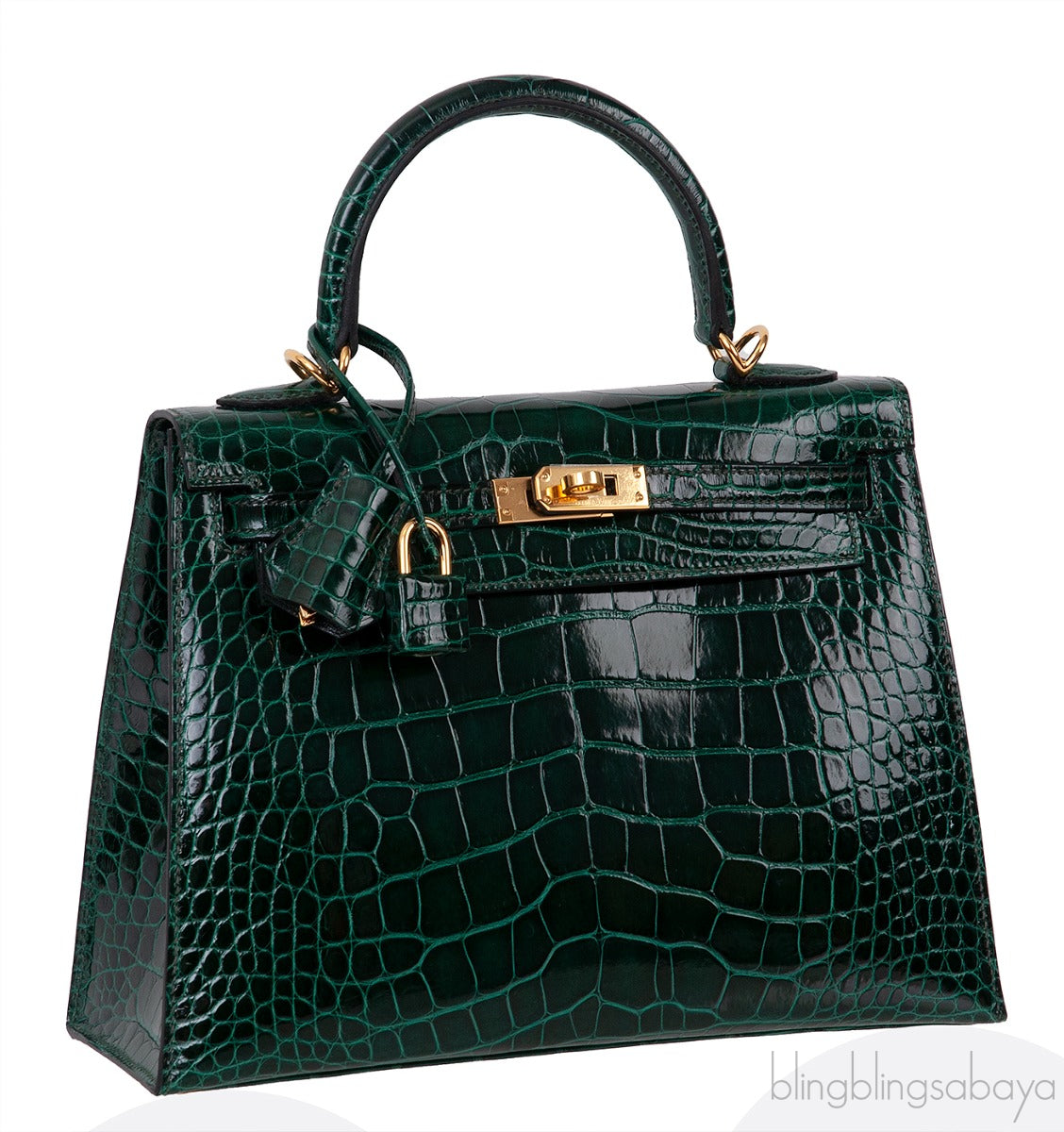Kelly 25 Sellier Vert Fonce Patent Crocodile GHW