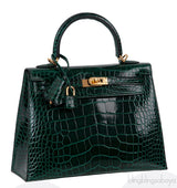Kelly 25 Sellier Vert Fonce Patent Crocodile GHW