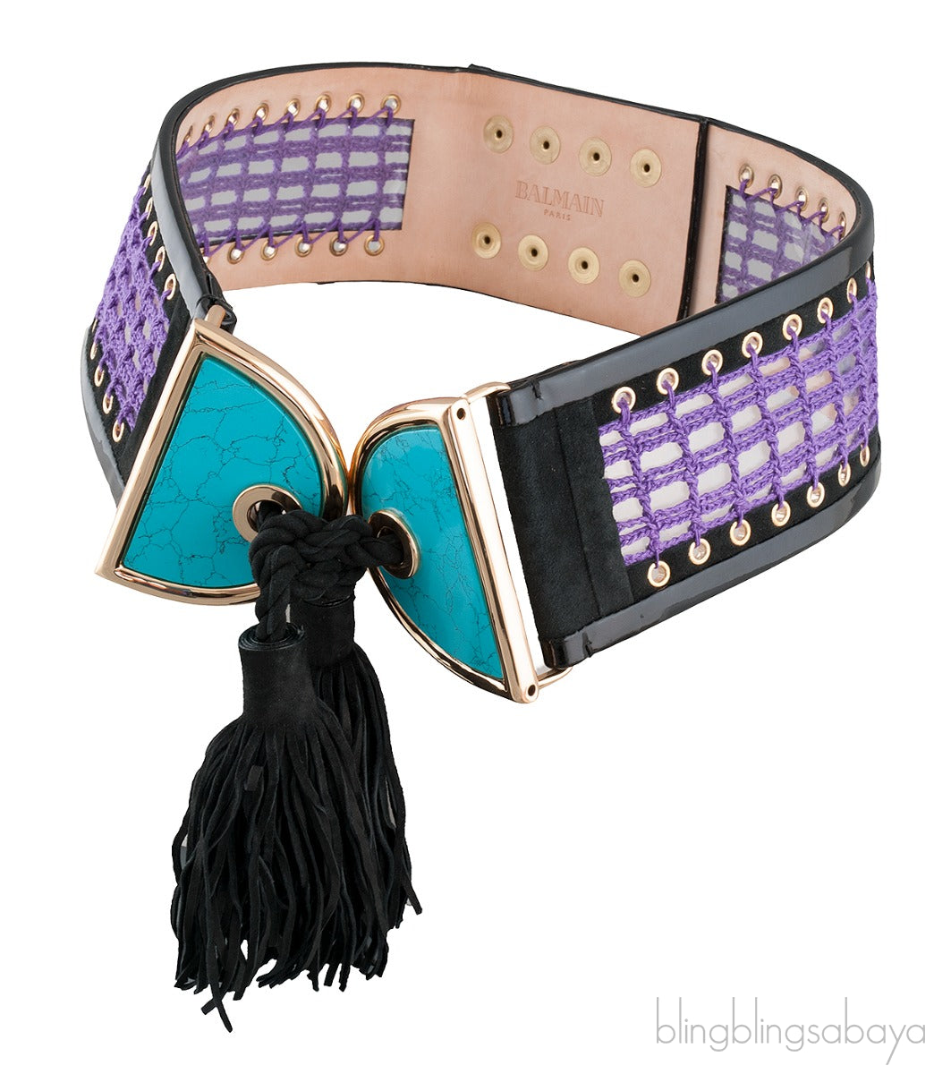 Turquoise Embellished Crochet & Suede Belt