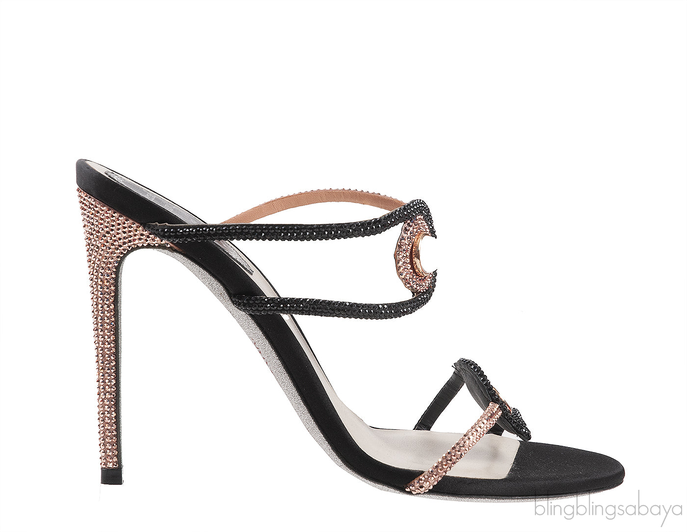 Rene Caovilla Pearl & Rose Gold Crystal Black Satin Sandals