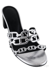 Chain Silver Leather Block Heels