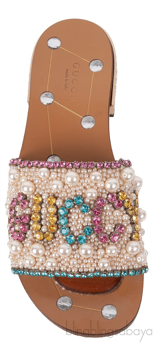 Guccy Pearl and Crystal Embellished Slide Sandals