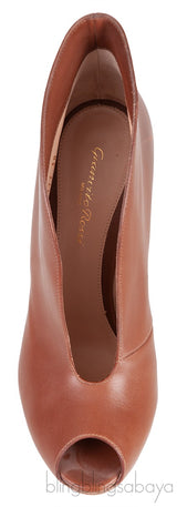Vitello Luggage Tan Peep Toe Heels