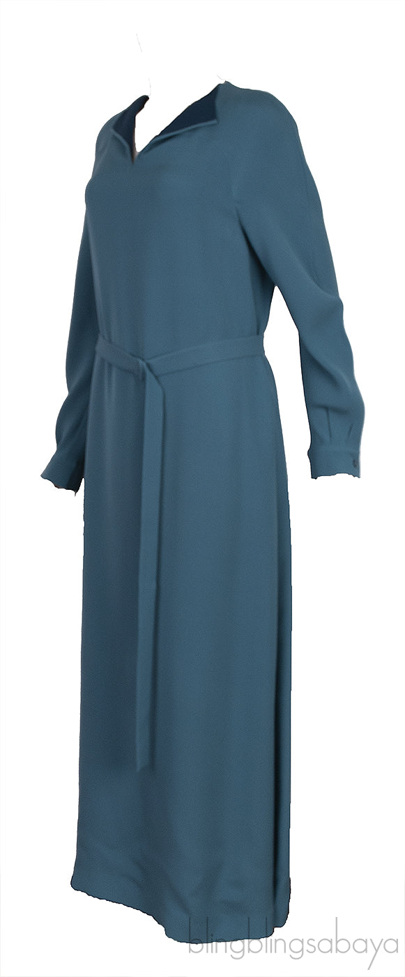 Blue Green V-neck Belted Dress