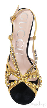 Black/Gold Velvet Nappa Crystal Zephyra Slingback Heels